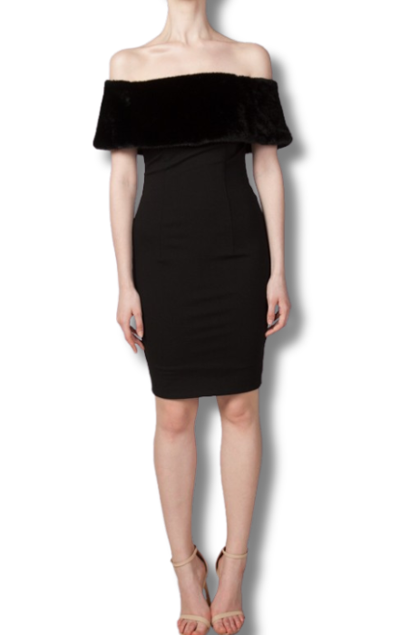 Faux fur off shoulder cocktail dress