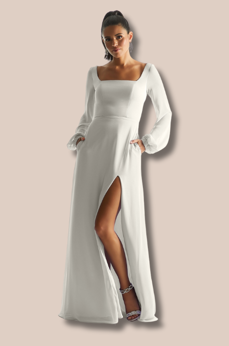 Square neck chiffon dress with bishop sleeve