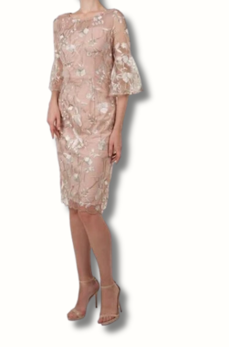 Embroidered floral shift dress bell sleeves