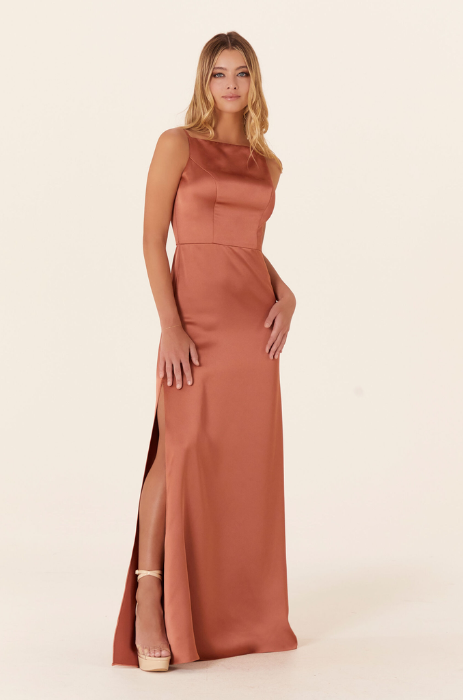 Luxe satin gown with high square neckline