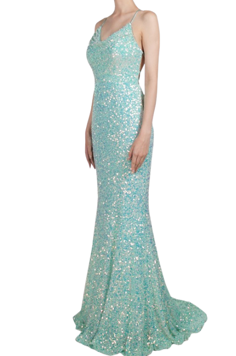 Sequin cowl neck split dress