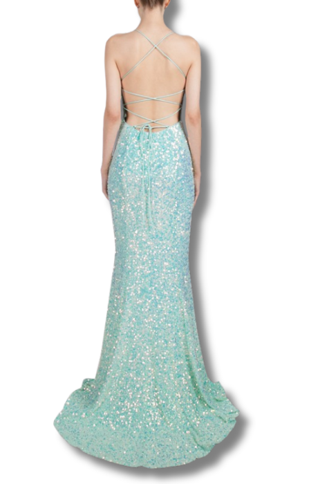 Sequin cowl neck split dress