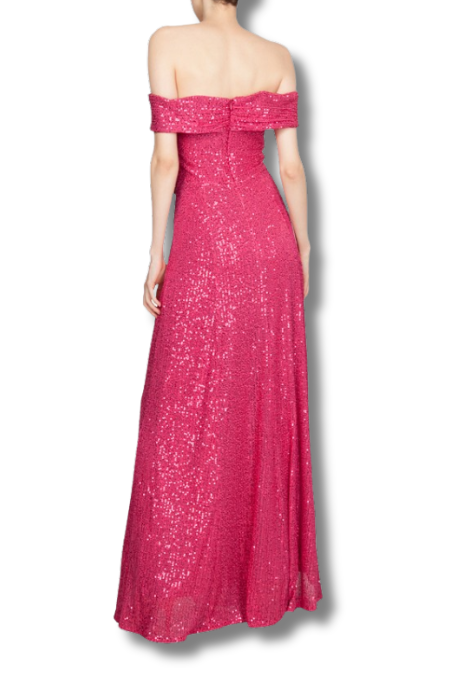 Sequin off shoulder gown with split