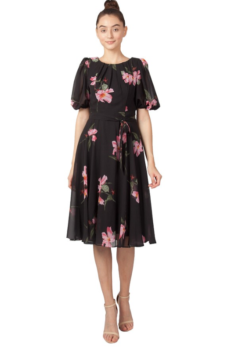 Floral chiffon balloon sleeve dress