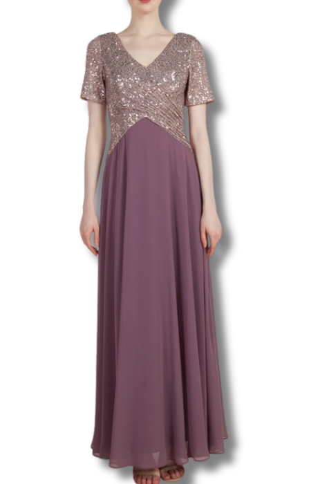 Rose gold sequin dress with mauve chiffon skirt