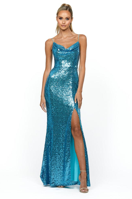 Stephanie cowl neck sequin gown