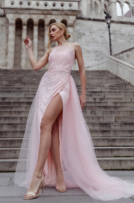 Frosted glitter gown with overskirt by Tina Holly