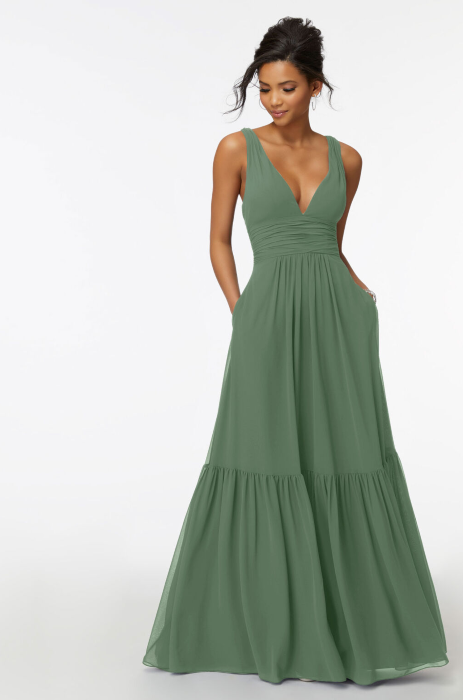 V-neck ruched chiffon dress by Morilee