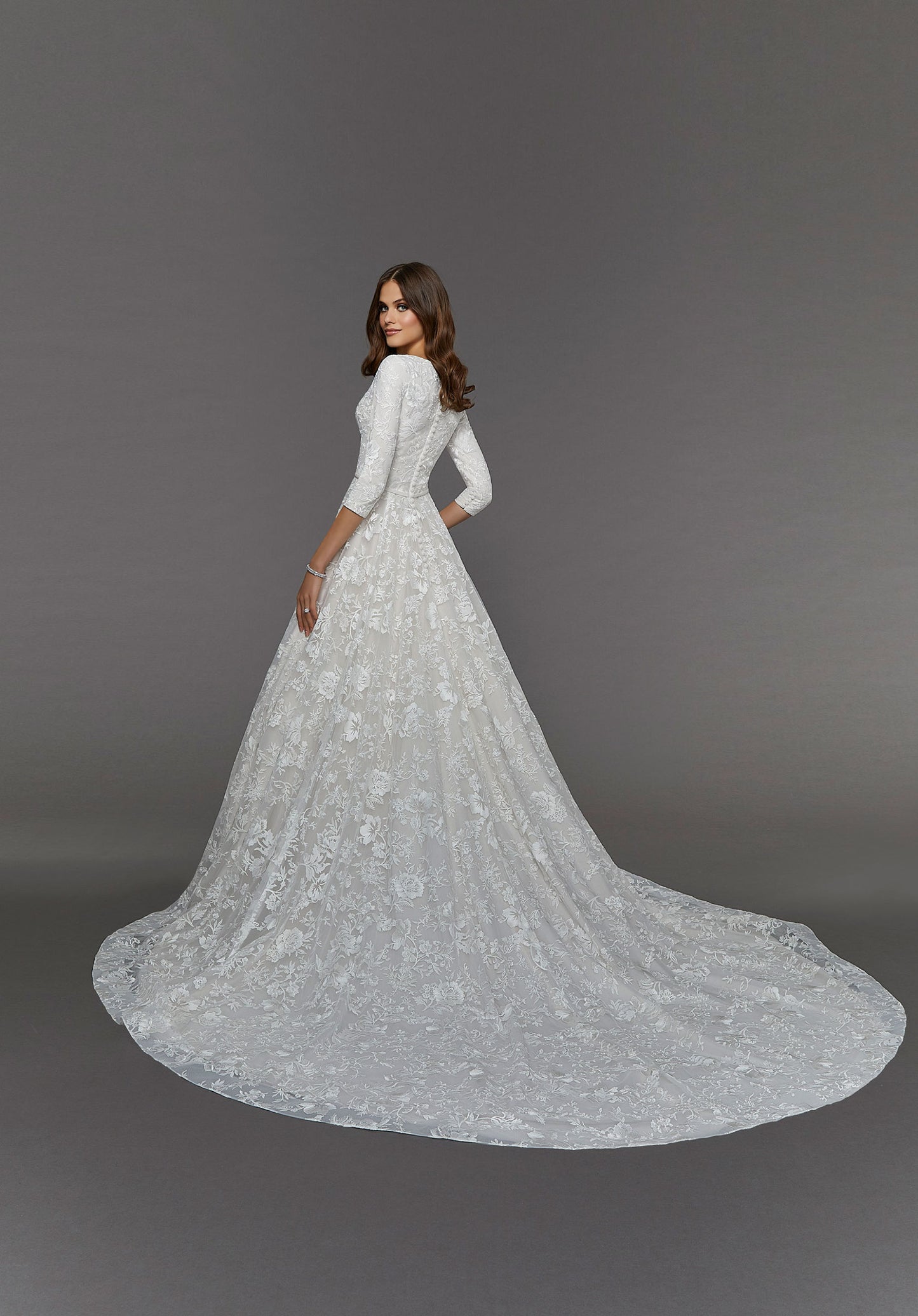 Back view of Eliana long sleeve lace wedding dress by designer Morilee