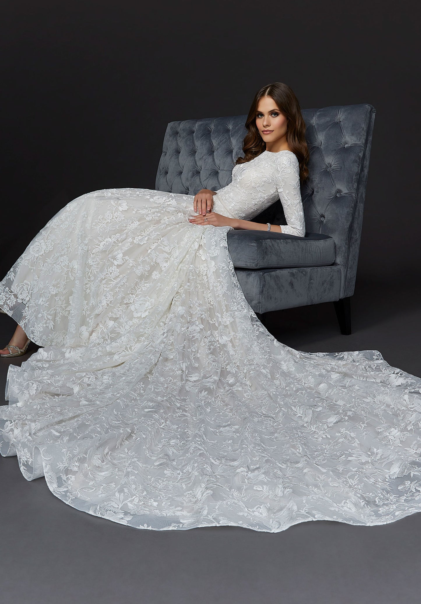 Morilee Eliana long sleeve lace wedding dress. Long train