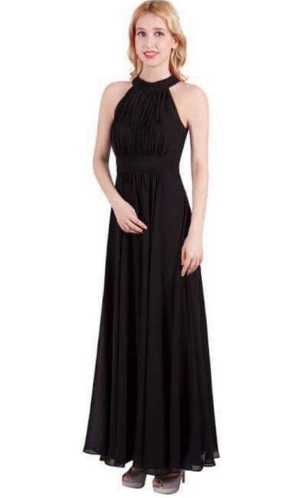 Female model wearing a full length black dress with a high neck
